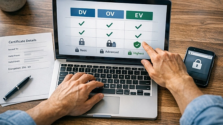 Website Sicherheit SSL HTTPS: Vergleich der SSL-Zertifikatsarten DV, OV und EV