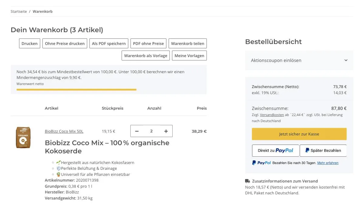 Warenkorb mit gemeinsamer Aktionsleiste, darin Drucken, Als PDF speichern, Warenkorb teilen, Warenkorb als Vorlage und Meine Vorlagen