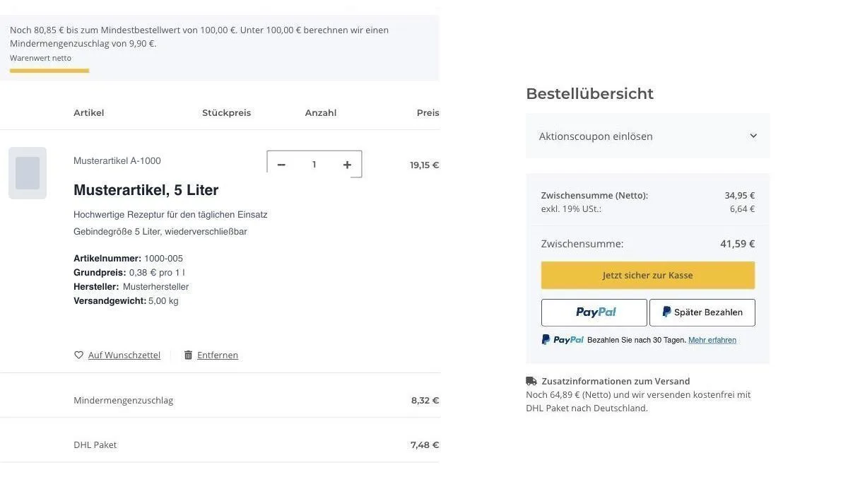 Warenkorb mit Mindermengenzuschlag als eigener Position unterhalb der Artikel