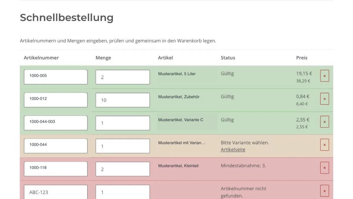 Geprüfte Schnellbestellung mit Artikelname, Status und Preis je Zeile, gültige Zeilen grün, fehlerhafte rot