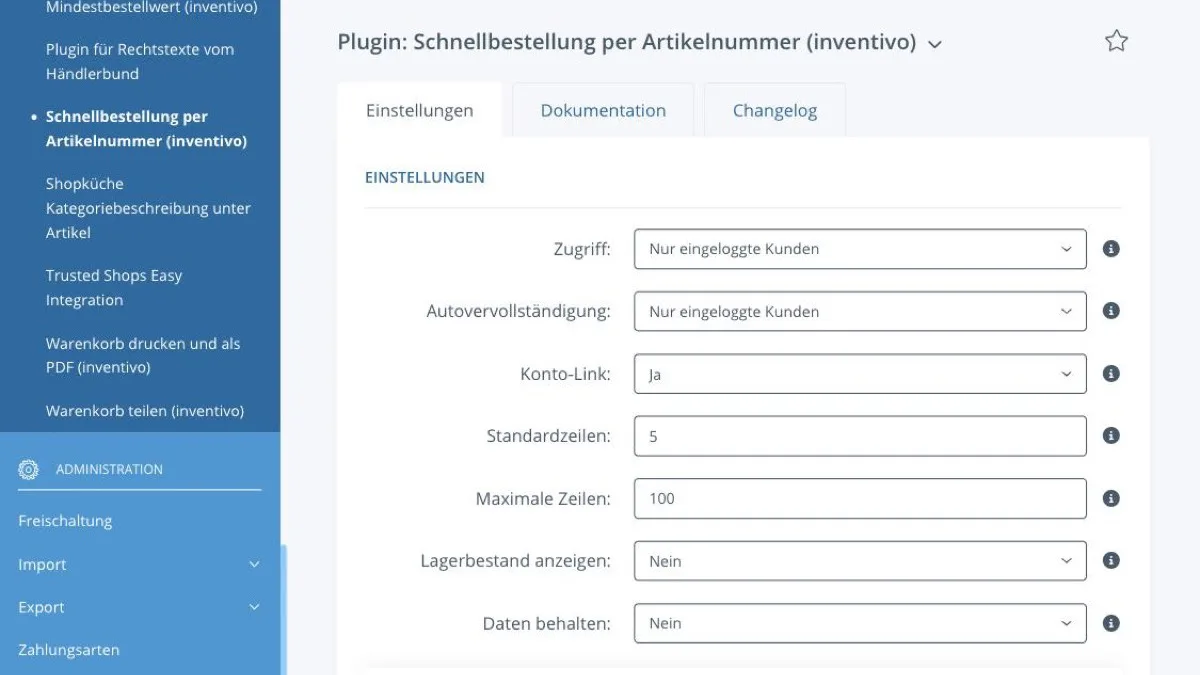 Backend-Einstellungen der Schnellbestellung mit Zugang, Autovervollständigung und Zeilenzahl